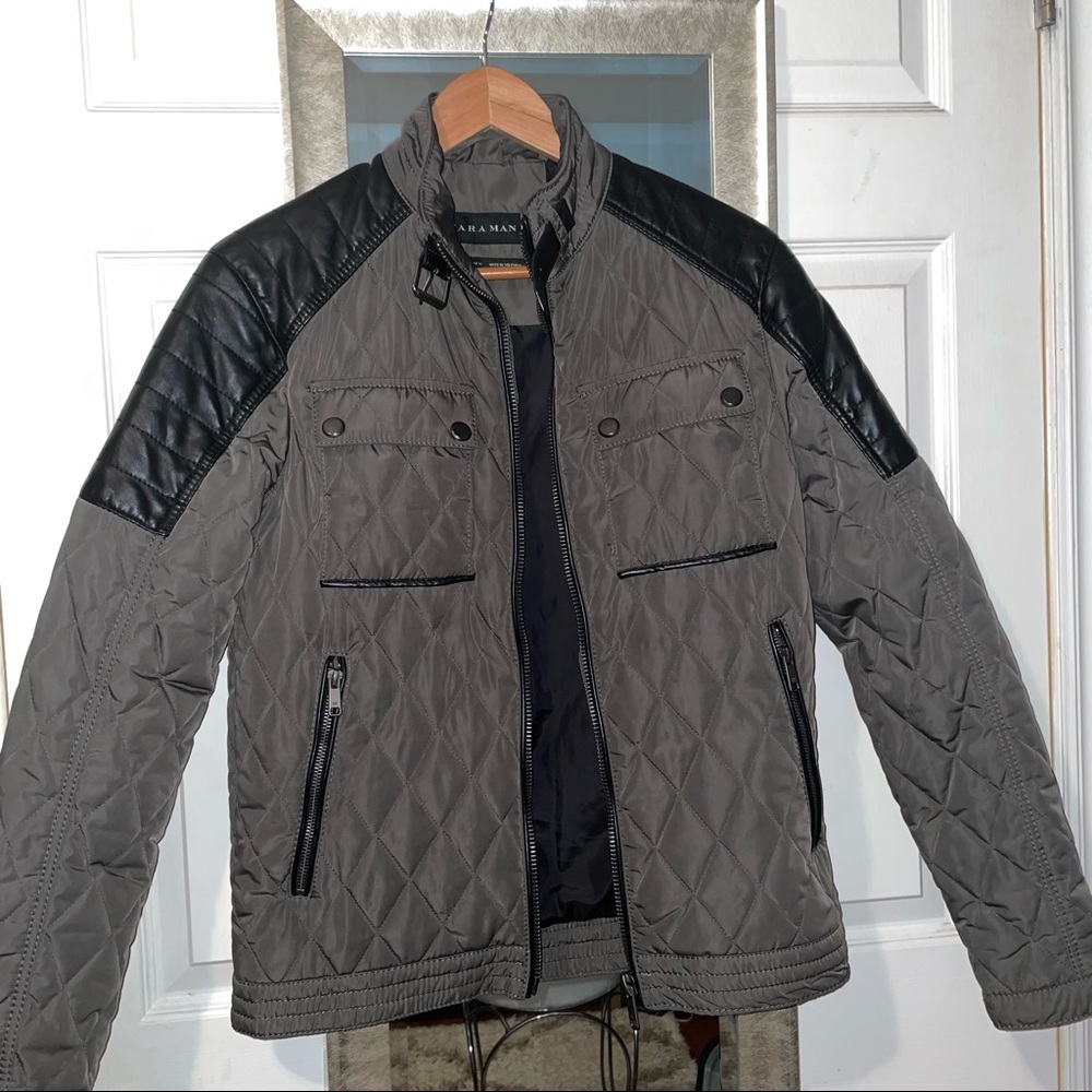 Men’s Zara Quilted Neck-Buckle Bomber Jacket with Black Leather Shoulder Accents